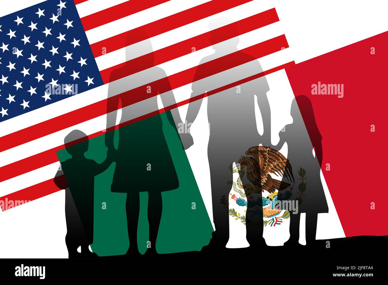 Migration / Immigration: family crossing the border and USA and Mexican flags Stock Photo