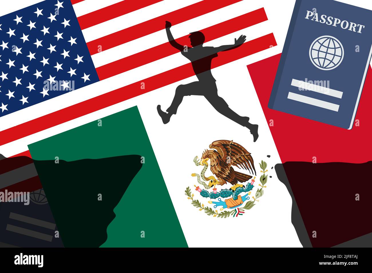 Migration / Immigration: man crossing the border and USA and Mexican flags Stock Photo