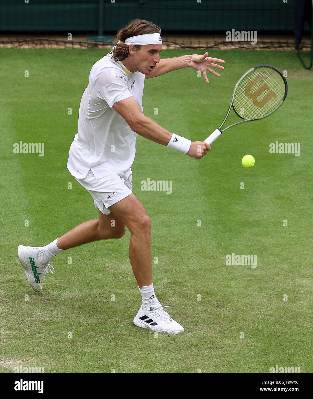 London, Britain. 30th June, 2022. Stefanos Tsitsipas competes during the  men's singles second round match between Stefanos Tsitsipas of Greece and  Jordan Thompson of Australia at Wimbledon Tennis Championship in London,  Britain,