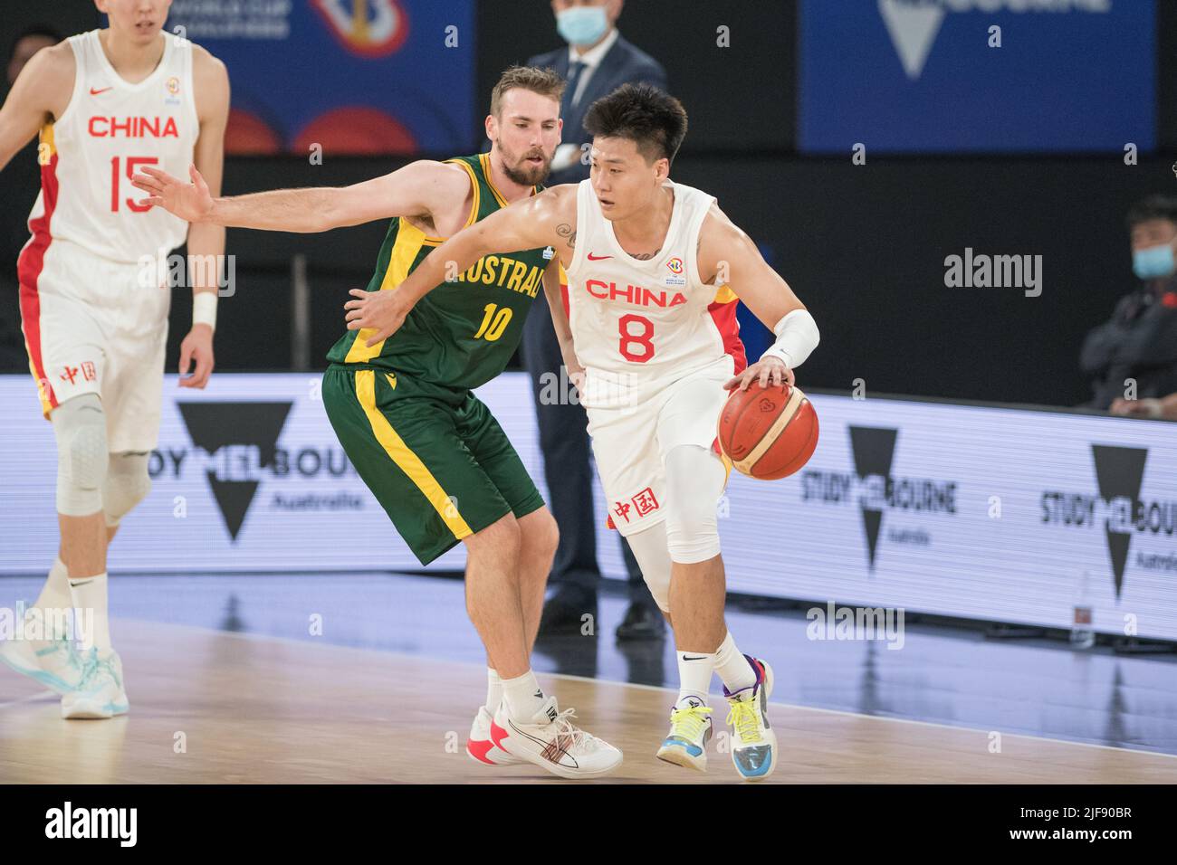 Mitch McCarron (L) of Australia Basketball team and Rui Zhao (R) of ...