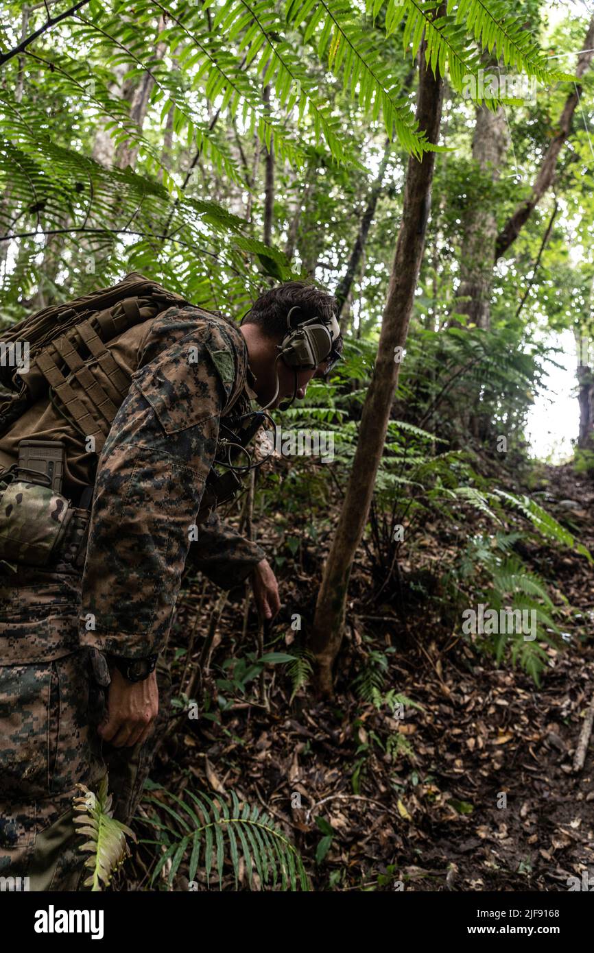 U.S. Marine Corps Sgt. Joel Walker, an explosive ordnance technician with 3rd EOD Company, 9th Engineer Support Battalion, 3rd Marine Logistics Group, inspects a simulated explosive threat during Jungle Crab 22 at Jungle Warfare Training Center, Okinawa, Japan, June 24, 2022. During Jungle Crab 22 EOD Marines prepared to support Expeditionary Advanced Base Operations by practicing survival methods in areas where logistical support may not be available. 3rd MLG, based out of Okinawa, Japan, is a forward deployed combat unit that serves as III Marine Expeditionary Force’s comprehensive logistics Stock Photo