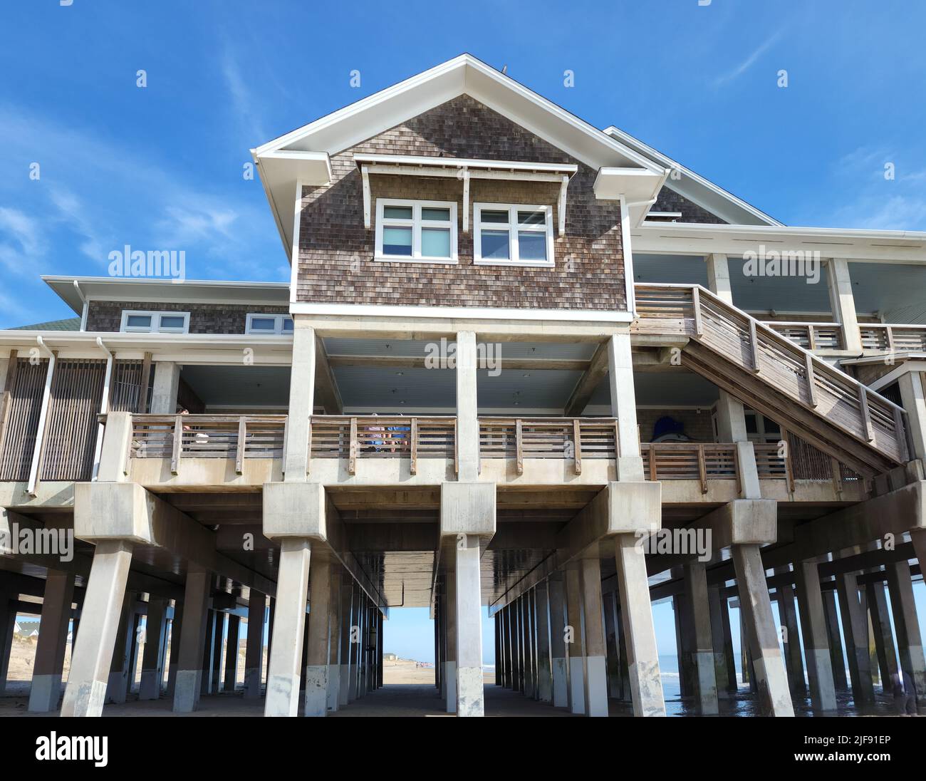 Exterior of Jennette's Pier, a fishing pier and tourist attraction in Nags Head, Outer Banks, North Carolina. Stock Photo