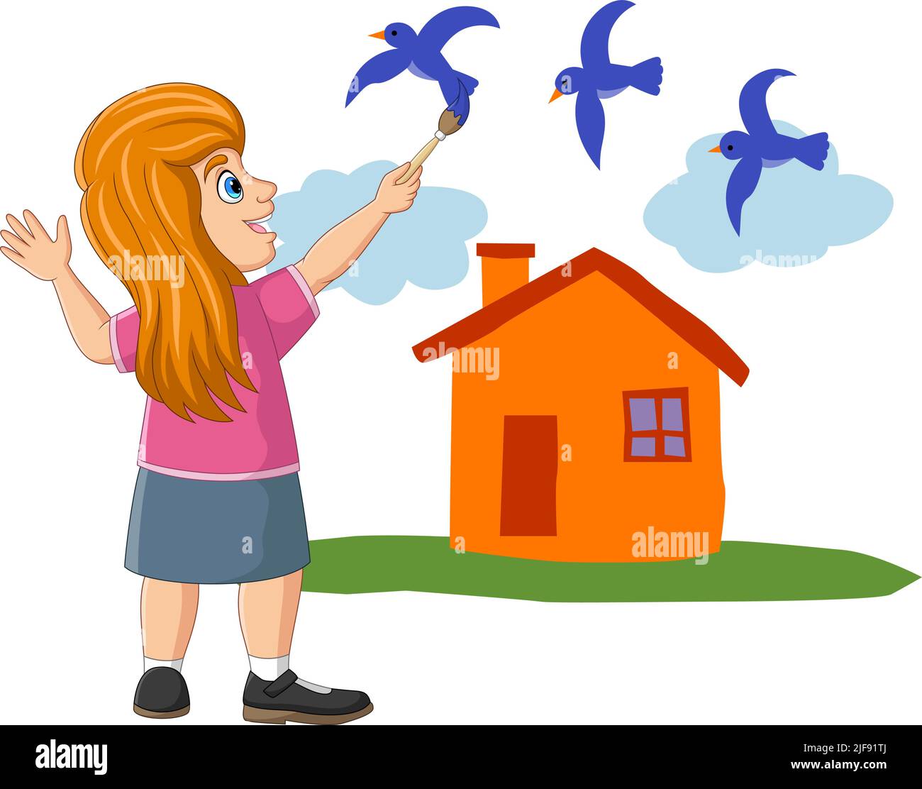 Cute little girl painting birds, clouds and house on the wall Stock Vector
