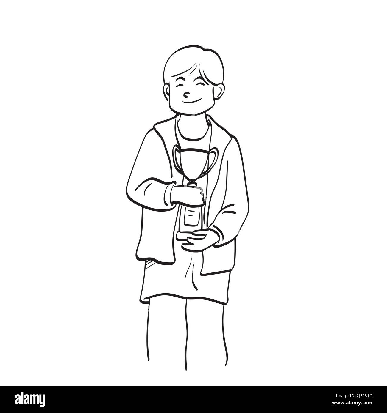 line art smiling boy holding trophy on his chest illustration vector hand drawn isolated on white background Stock Vector