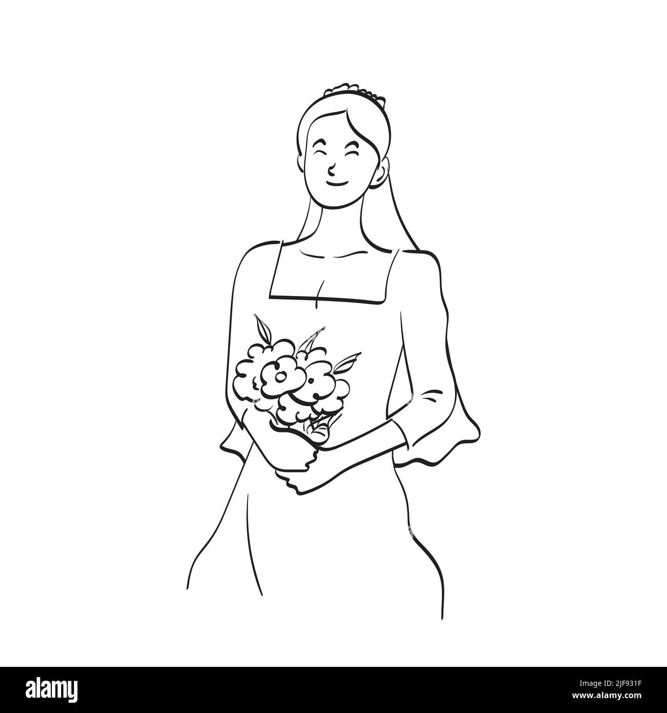 line art half length of smiling bride holding bouquet illustration ...
