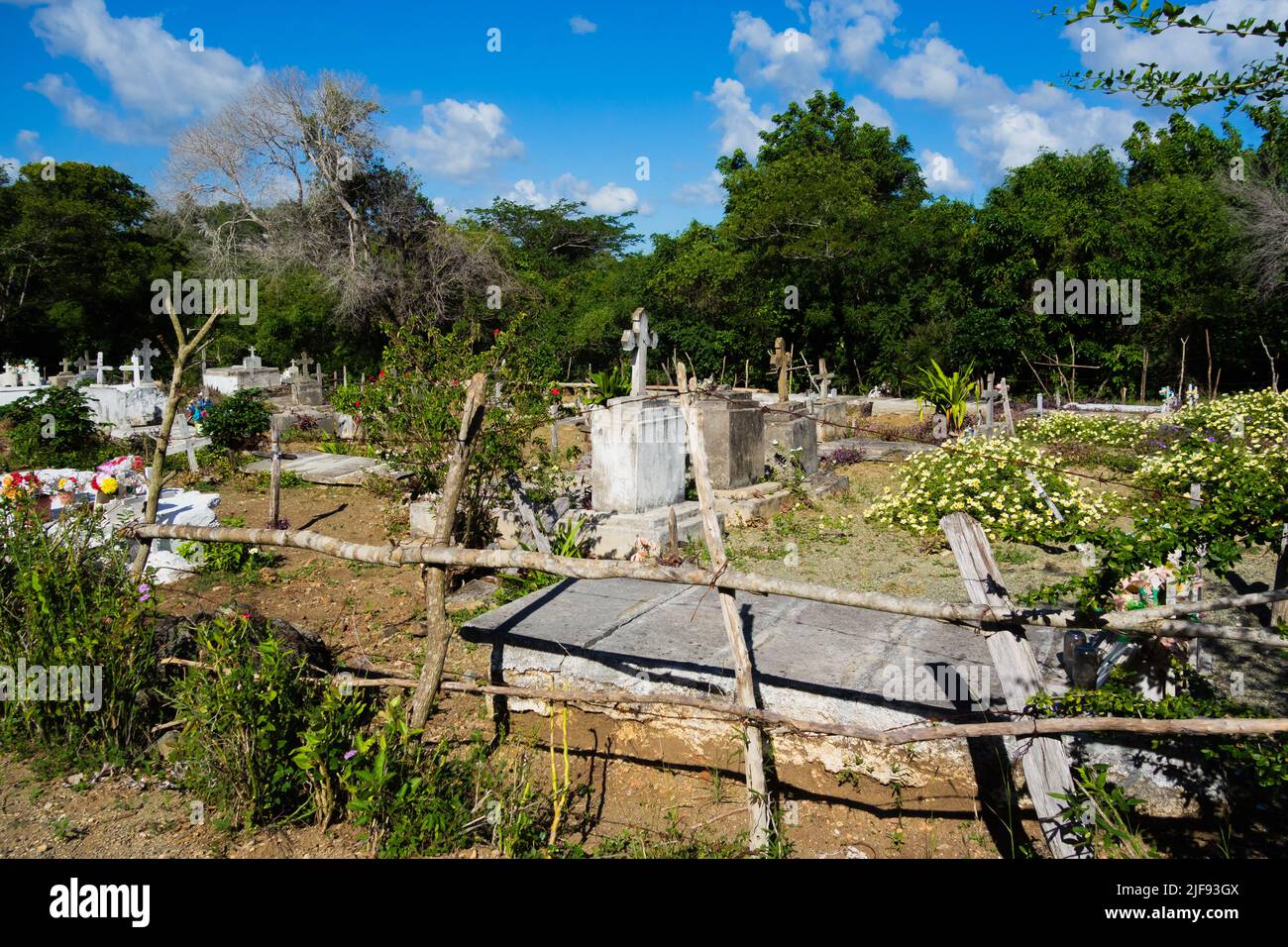 old grave yard with head stones and picket fence with trees and blue