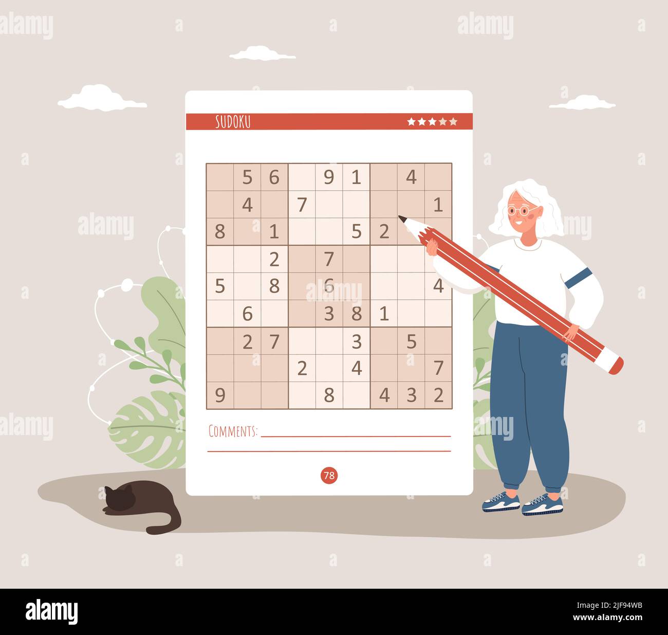 Sudoku game. Elderly woman with giant pencil solves crossword puzzle. Learning and leisure concept. Task for development of logical thinking and Stock Vector