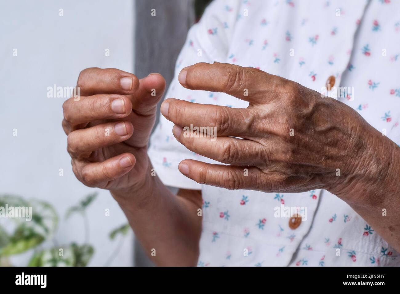 Hands of Southeast Asian elder woman. Concept of rheumatoid arthritis, osteoarthritis, or joint pain. Hand weakness. Stock Photo