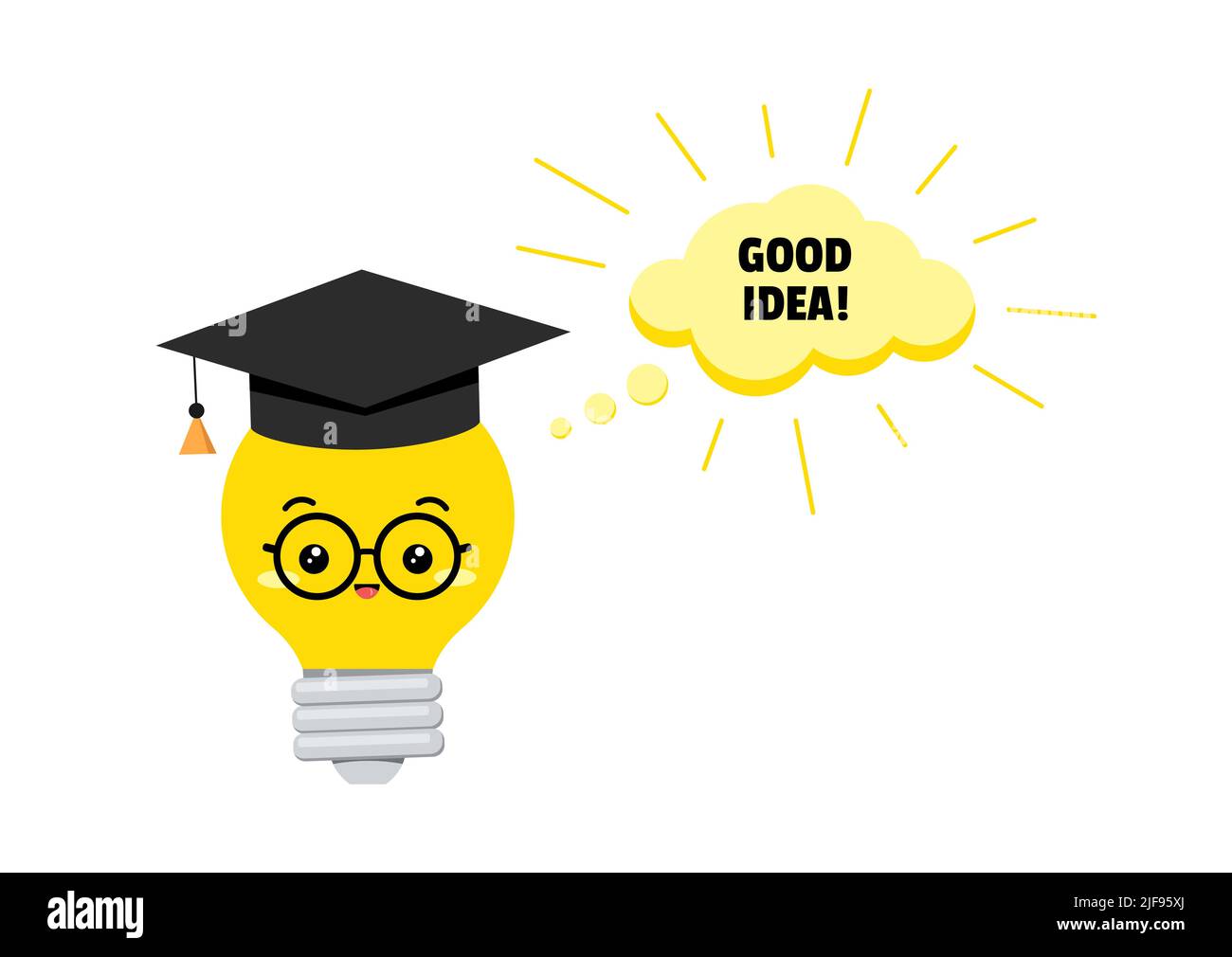 Cute light bulb and good idea text in speach bubble. Stock Vector