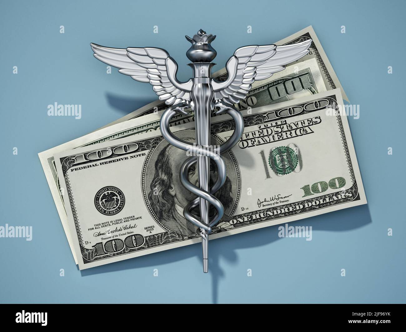 Silver caduceus symbol standing on dollar bills. 3D illustration. Stock Photo