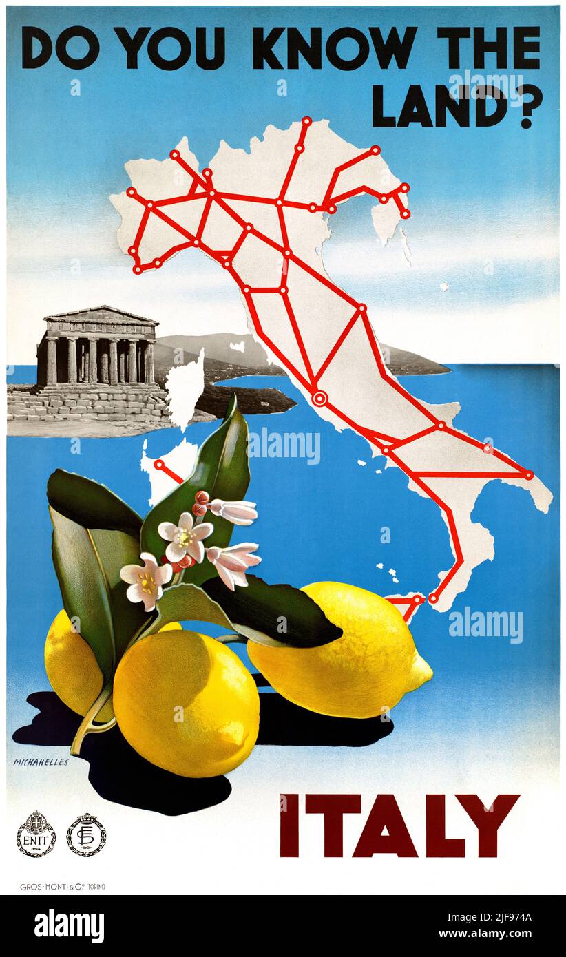 Italy. Do you know the land? By Ruggero Alfredo Michahelles (1898-1976). Poster published in 1935. Stock Photo