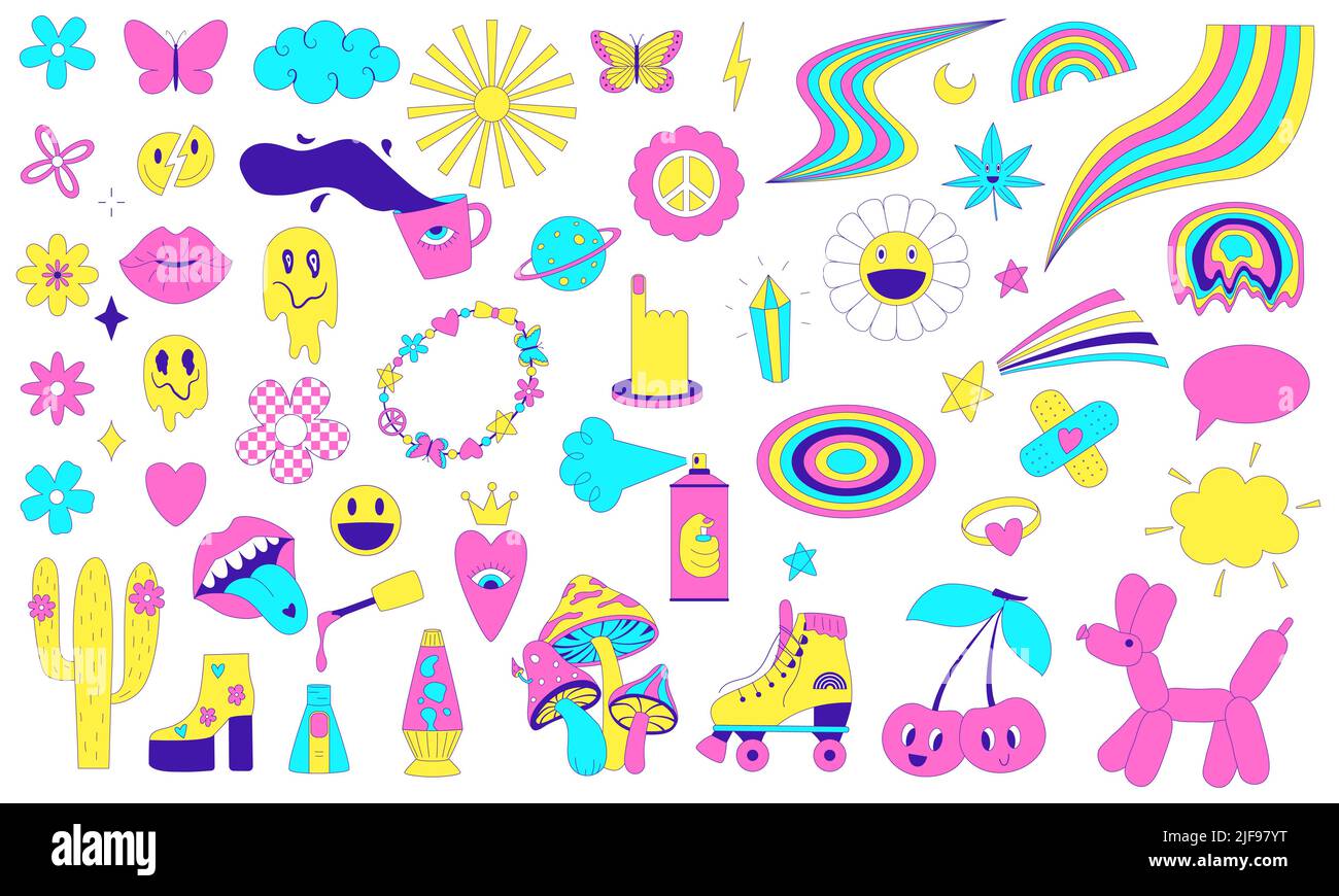 A set of y2k stickers with funky trendy surreal elements, rainbow, smiley face, psychedelic mushrooms. A set of comic acid stickers from 2000s. Weird Stock Vector