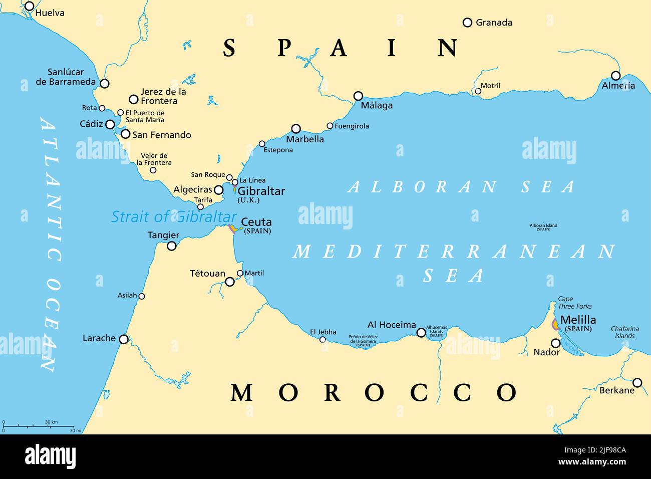 Strait of Gibraltar, political map. Also known as Straits of Gibraltar. Narrow strait, connecting the Atlantic Ocean to the Mediterranean Sea. Stock Photo