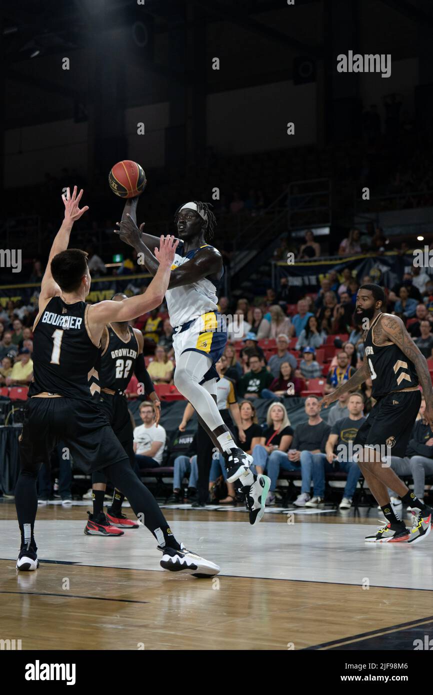 Edmonton, Alberta, Canada. 30th June, 2022. AHER UGUAK (3) of the Edmonton Stingers in action during a regular season Cebl match up where the Edmonton Stingers hosted the Newfoundland Growlers at Edmonton Expo Centre in Edmonton, Alberta. (Credit Image: © Matthew Helfrich/ZUMA Press Wire) Stock Photo