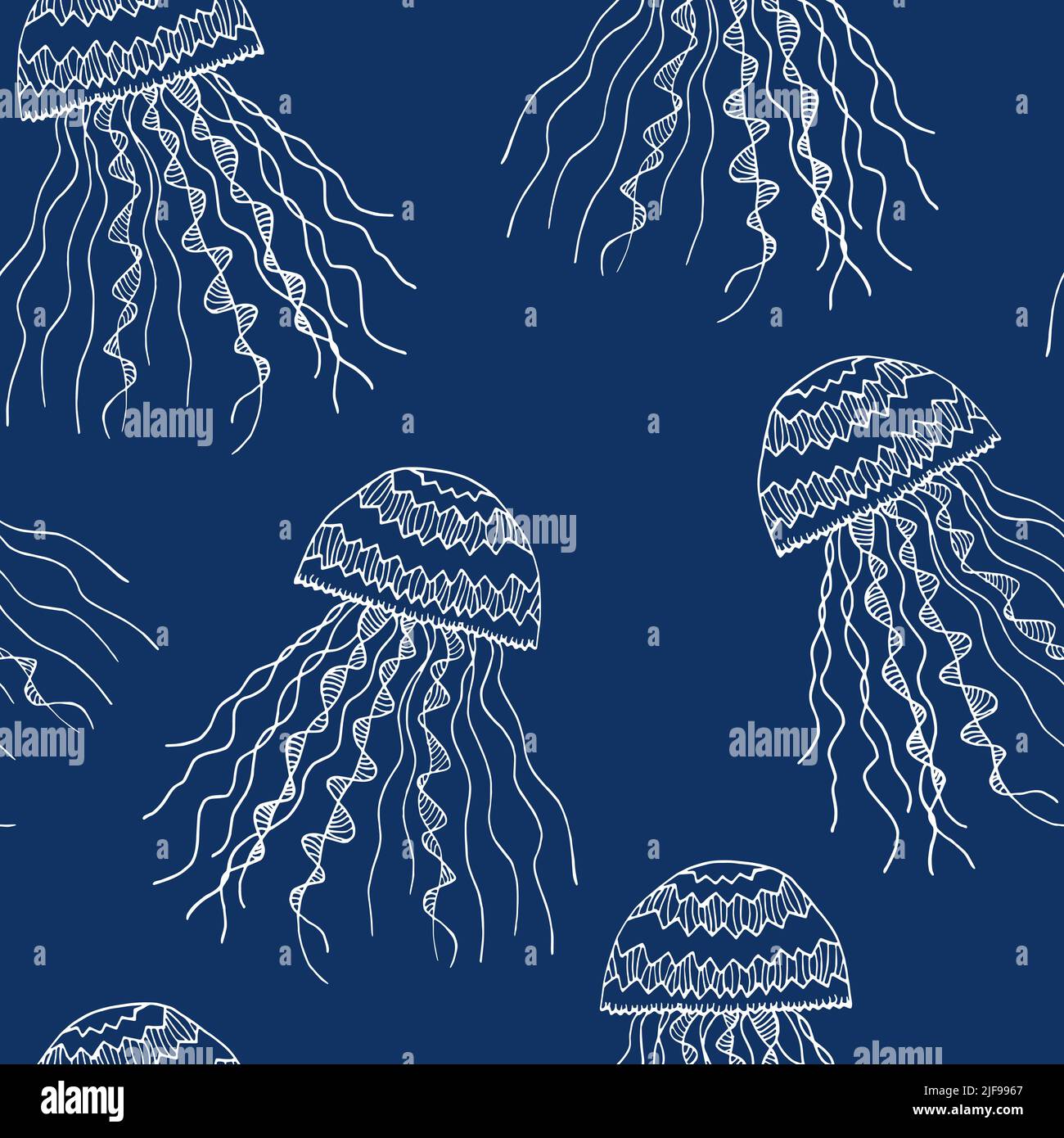 Seamless pattern with sijhouette cute jellyfish on classic blue ...