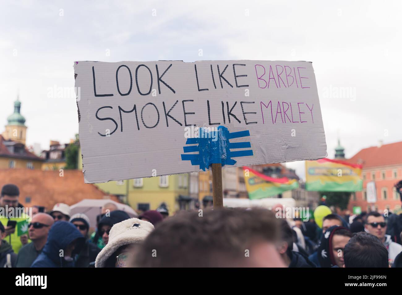 05.28.2022 Warsaw, Poland. Pro-marijuana protest. Look Like Barbie, Smoke Like Marley. Protesters fighting for the legalization of weed. High quality photo Stock Photo