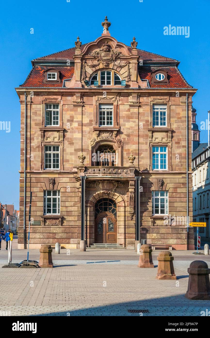 Lovely side view of the Stadthaus, the town hall in Speyer, Germany. The facade, decorated with ornaments, corresponds in design to the Viennese... Stock Photo