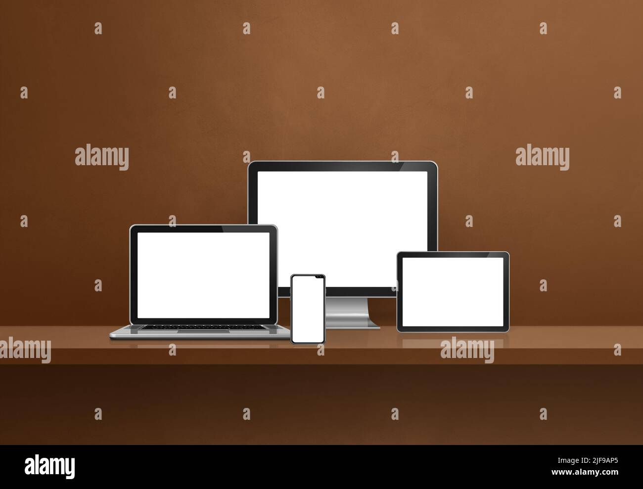 Computer, laptop, mobile phone and digital tablet pc - brown wall shelf banner. 3D Illustration Stock Photo