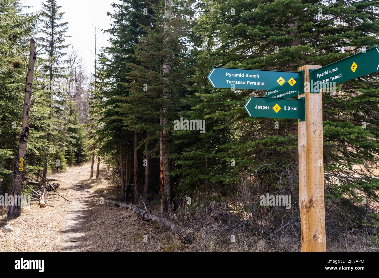 Pyramid Lake Road hiking trail sign Jasper National Park, Canadian Rockies. Alberta, Canada. Stock Photo