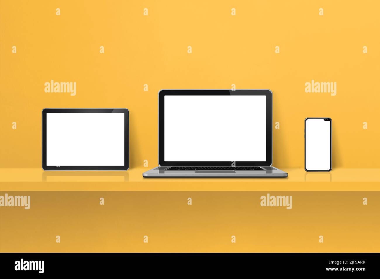 Laptop, mobile phone and digital tablet pc on yellow wall shelf. Horizontal background. 3D Illustration Stock Photo
