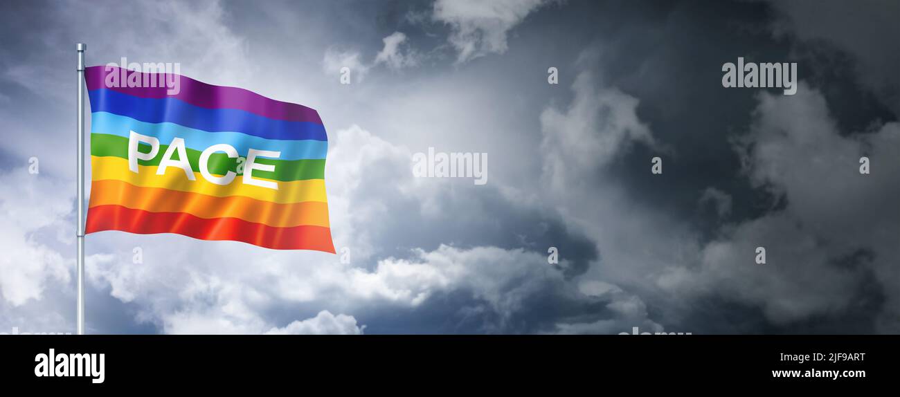 Rainbow peace - pace flag on a cloudy sky, three dimensional render Stock Photo