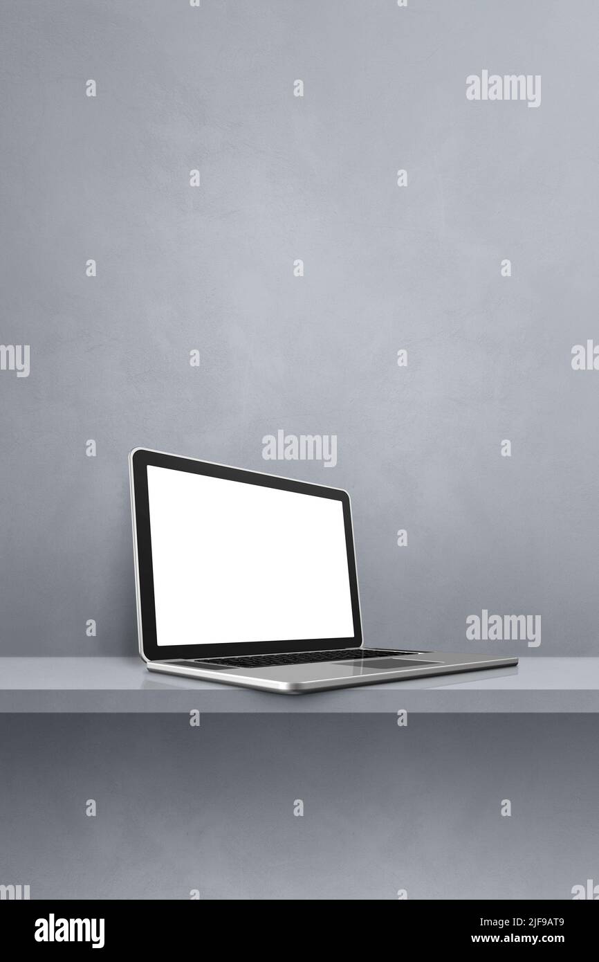 Laptop computer on grey shelf. Vertical background. 3D Illustration Stock Photo