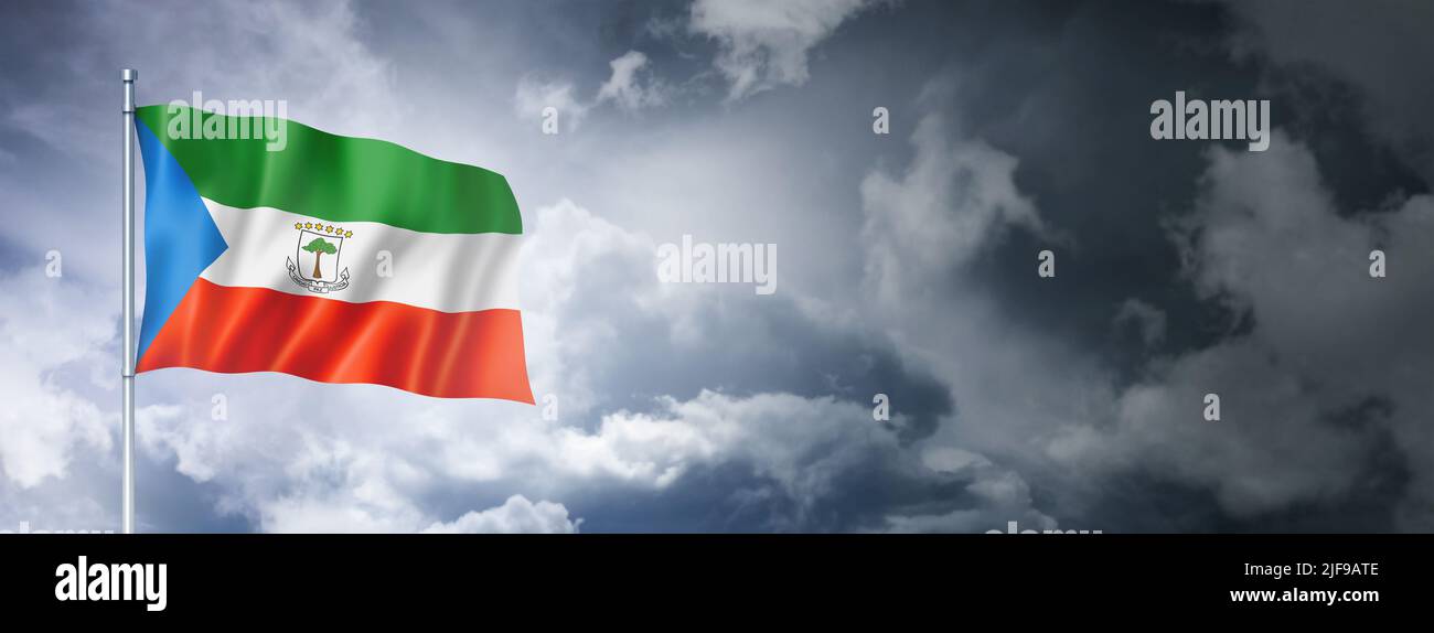 Equatorial Guinea flag on a cloudy sky, three dimensional render Stock Photo