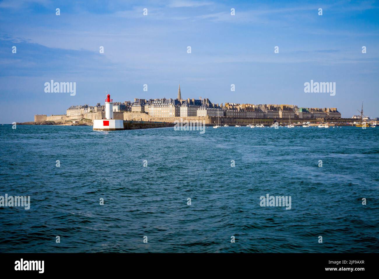 Saint-Malo city and lighthouse view from the sea, Brittany, France Stock Photo