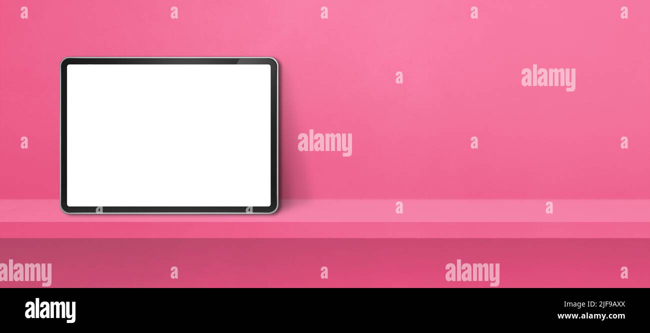 Digital tablet pc on pink wall shelf. Horizontal background banner. 3D Illustration Stock Photo