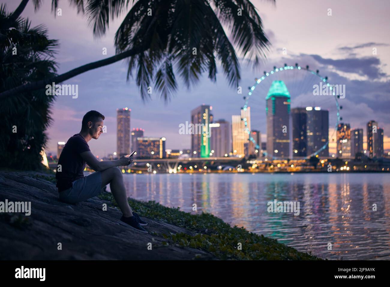 Lonely man sitting under palm tree and using phone against illuminated urban skyline at twilight. Stock Photo