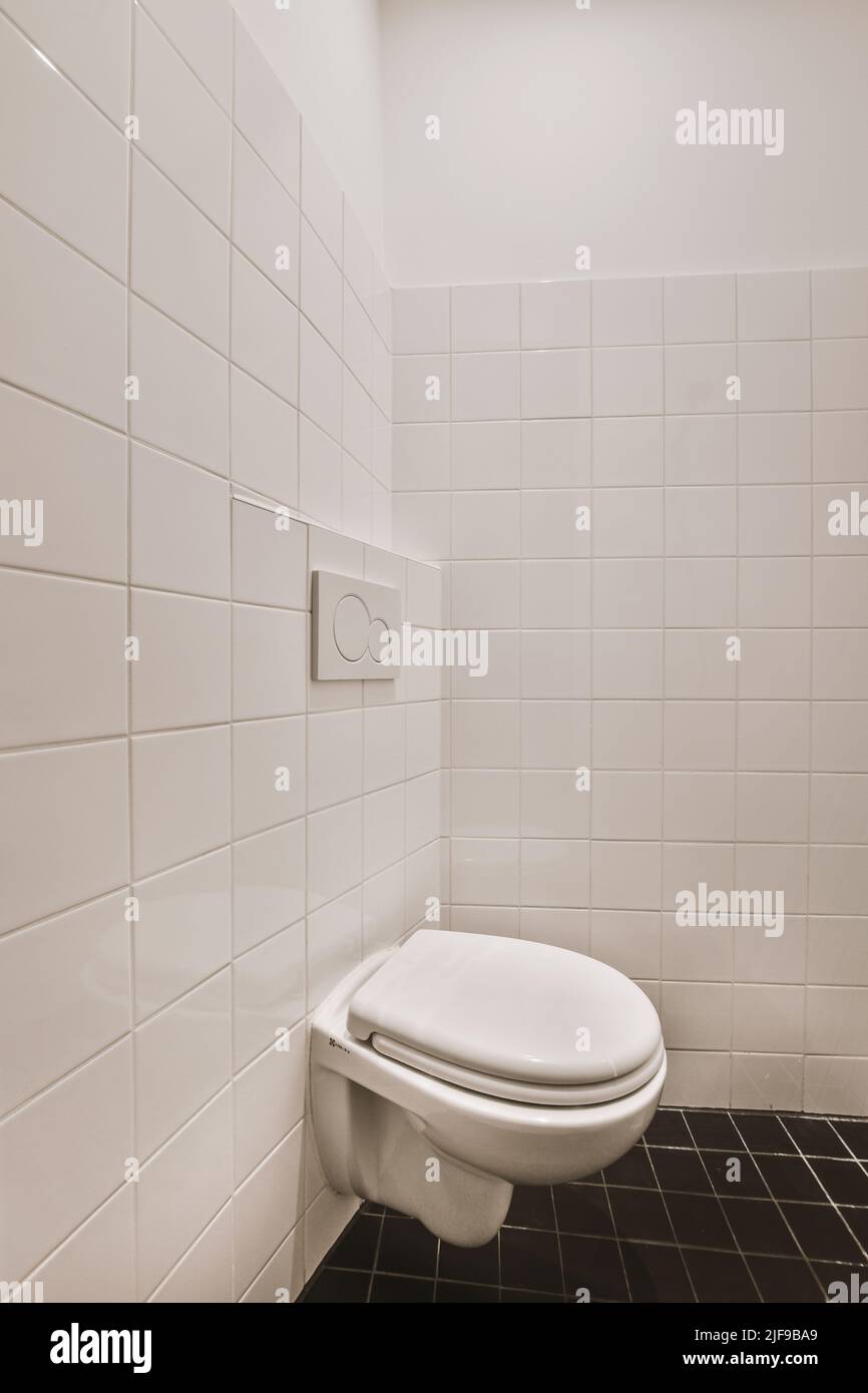 Glass partition between shower tap and wall hung toilet in modern