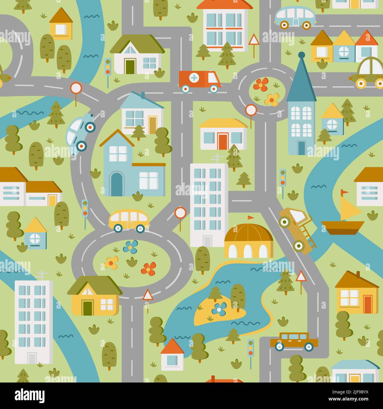 Color map town. Children's game board. Flat vector seamless pattern. Stock Vector