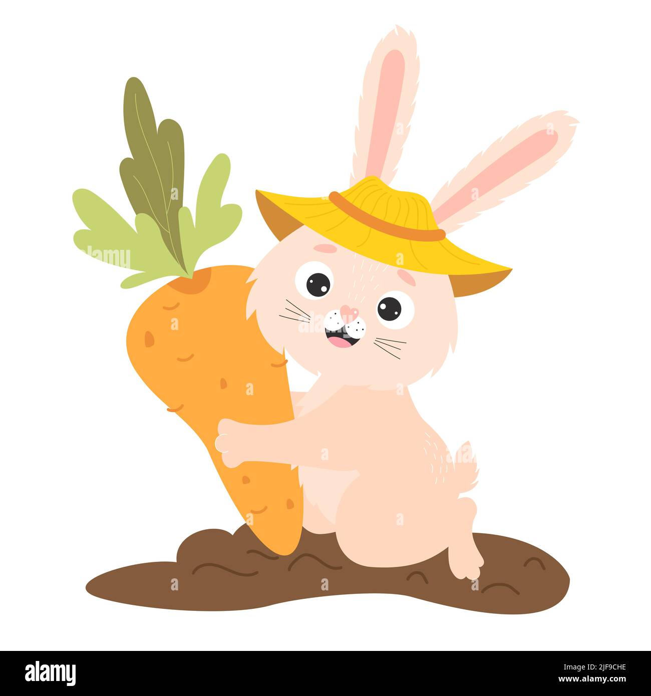 Cute happy rabbit in vegetable garden bed with big carrots. Harvesting, funny farmer. Vector illustration for kids collection, postcards, design and d Stock Vector