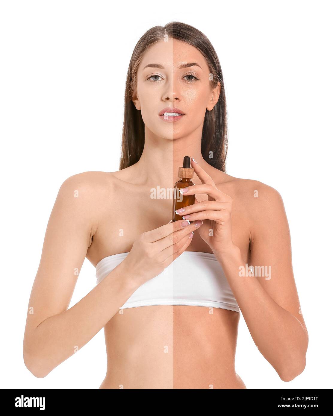 Portrait of pretty young woman with essential oil before and after