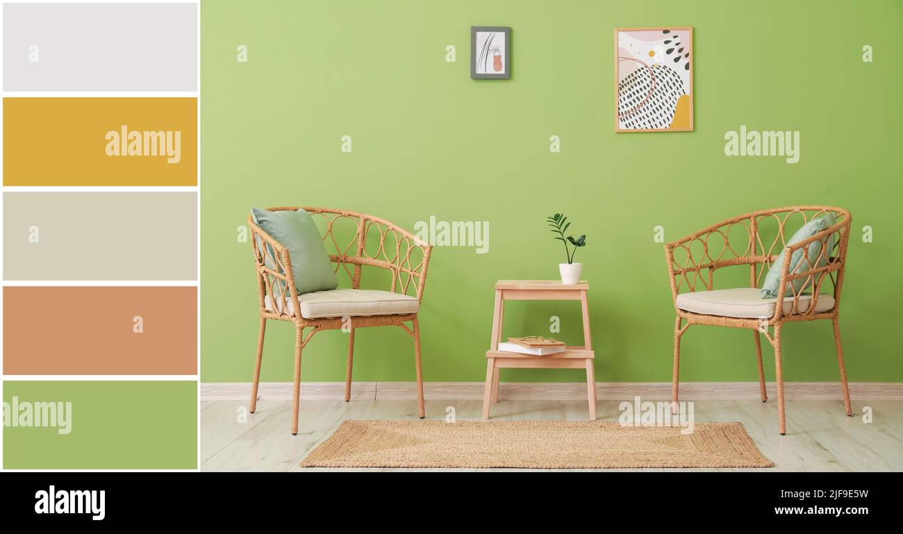 Chair Color Pattern Comfortable wicker chairs and stepladder stool near green wall in room ...