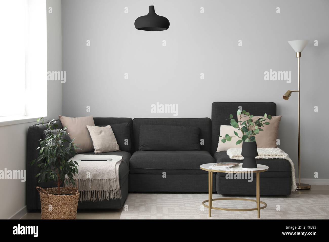Interior of modern living room with black sofa and table Stock Photo ...