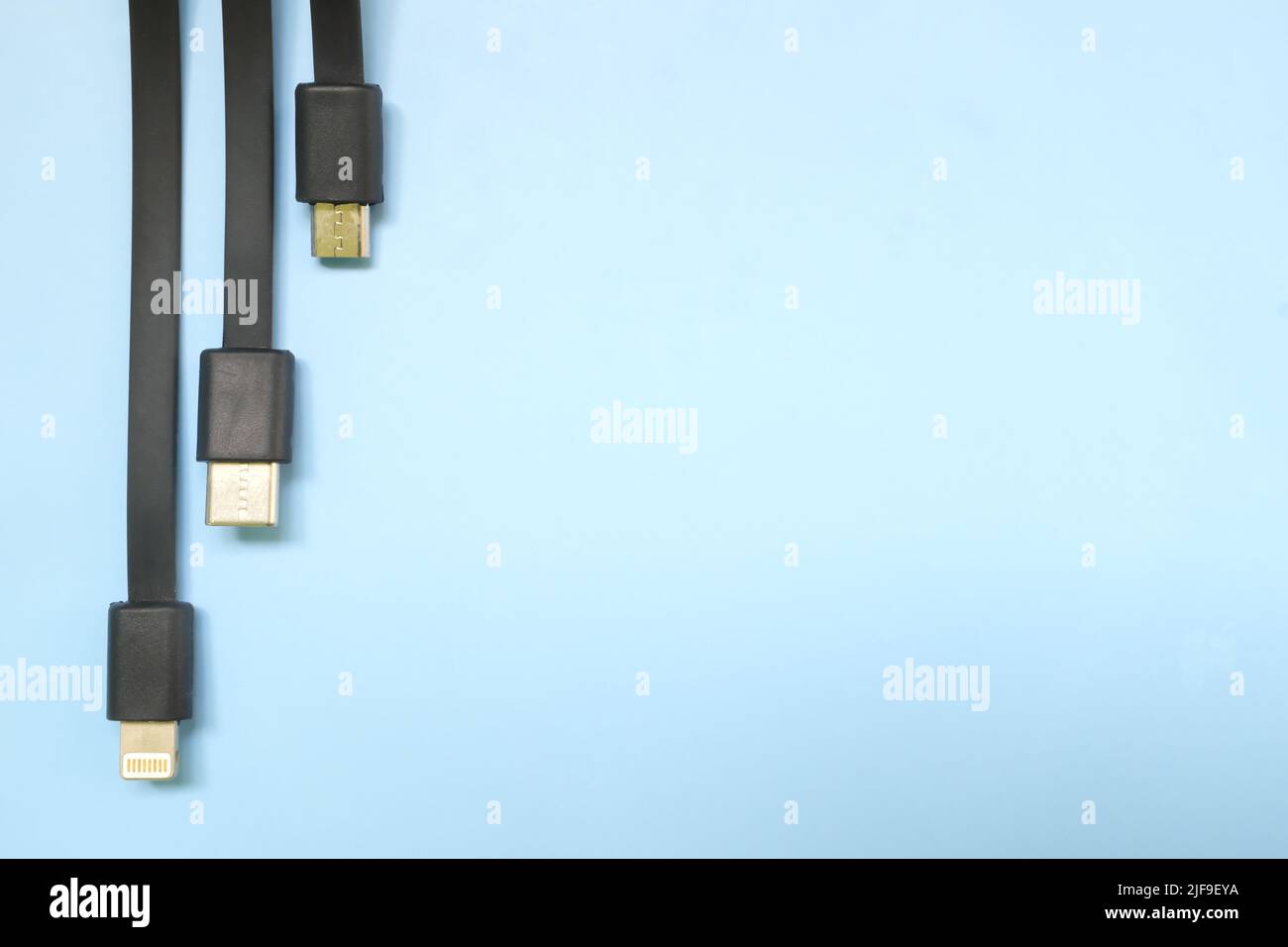 Smartphone or mobile phone standard charging cable plugs flat lay