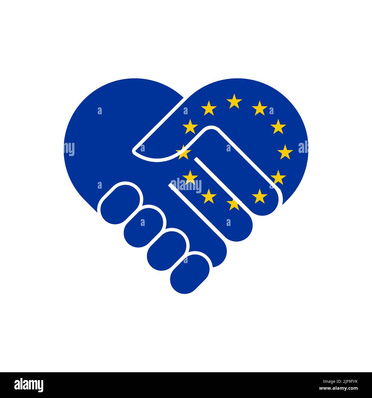 EU unity sign. Handshake heart with Euro Union flag. Flat vector illustration isolated on white background. Stock Vector