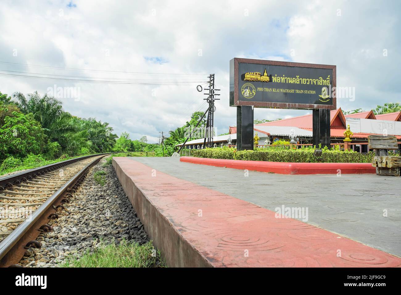 Nakhon Si Thammarat Province, THAILAND - June 26, 2022: Train station sign of Wat That Noi temple in Nakhon Si Thammarat, Thailand. This temple is the Stock Photo