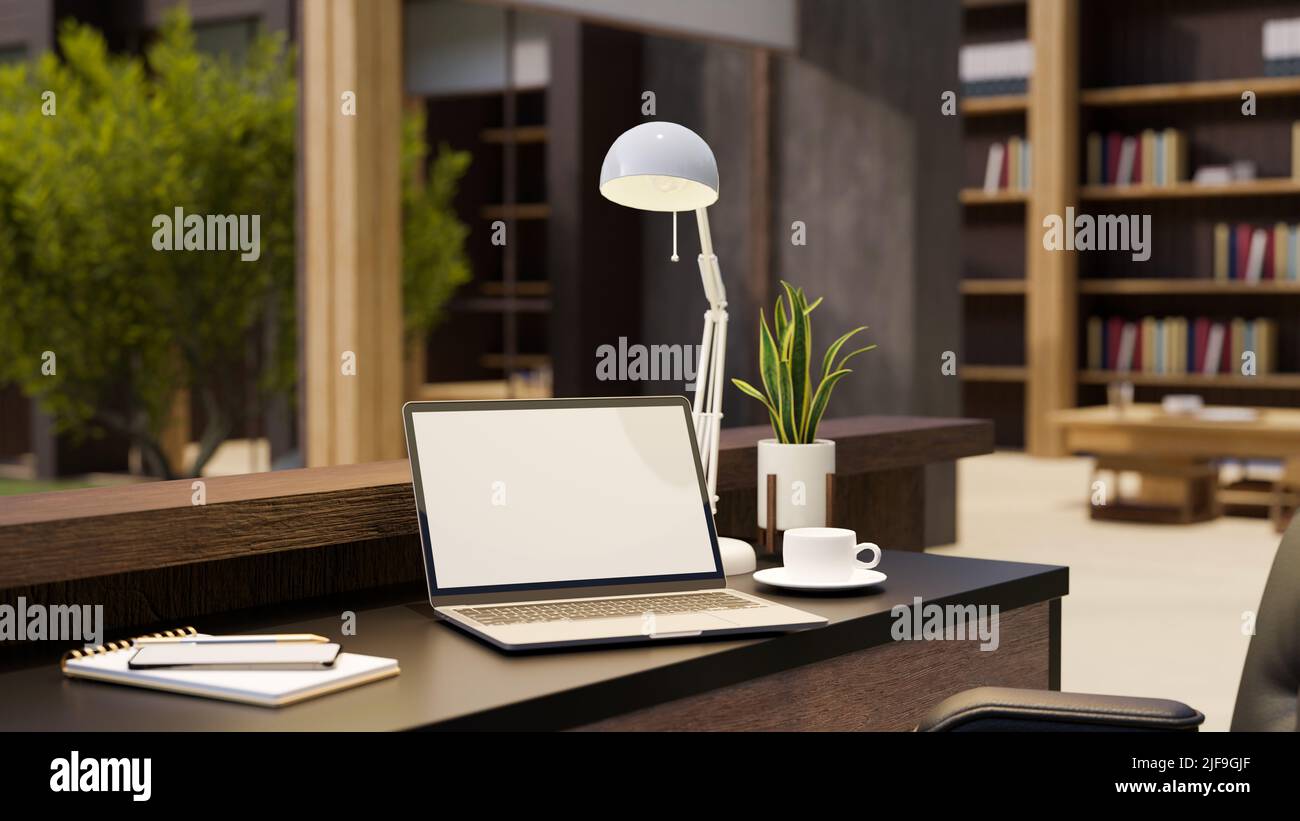Stylish comfortable home office studio interior design with notebook ...