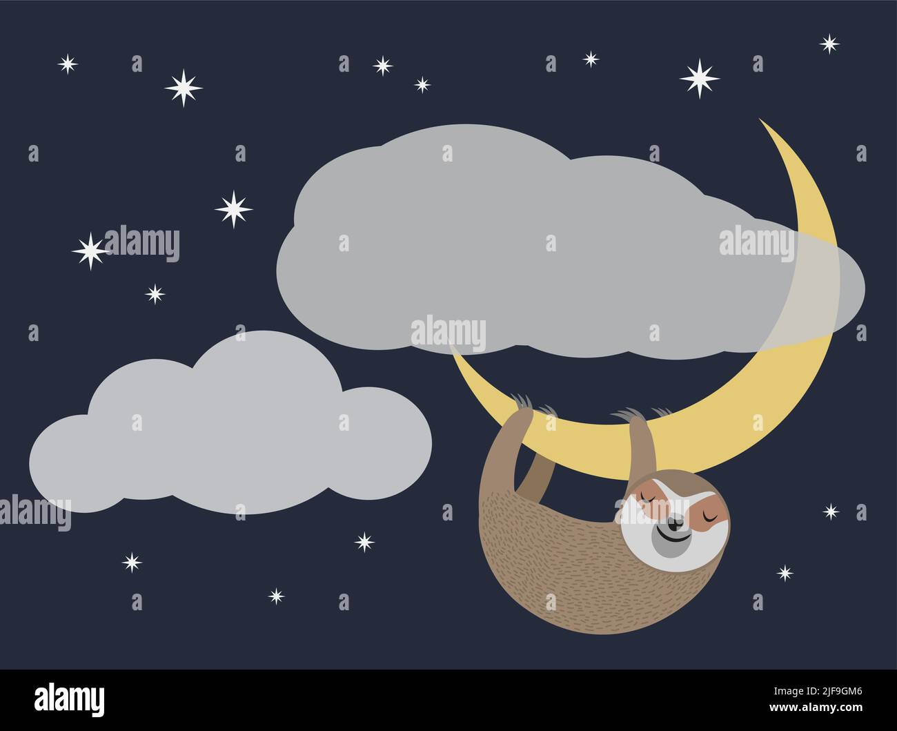 cute sloth hanging on crescent moon sleeping, vector illustration Stock Vector