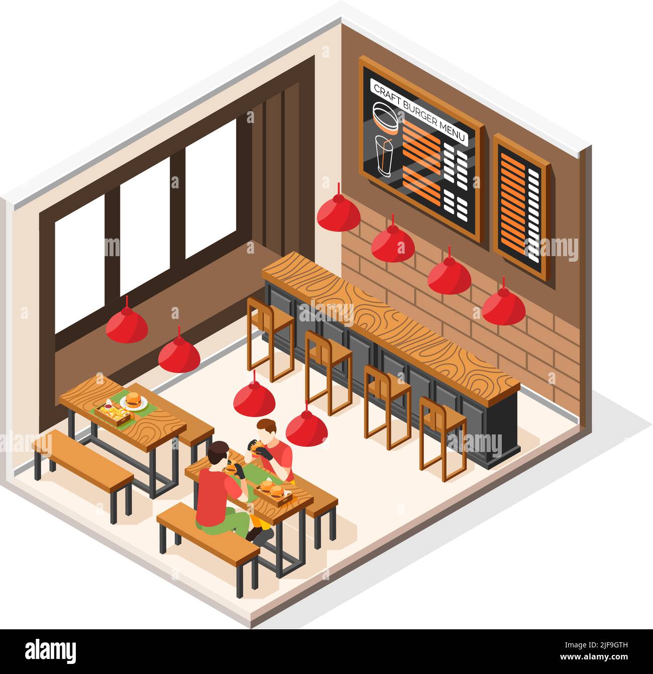 Burger house isometric composition with view of fast food restaurant