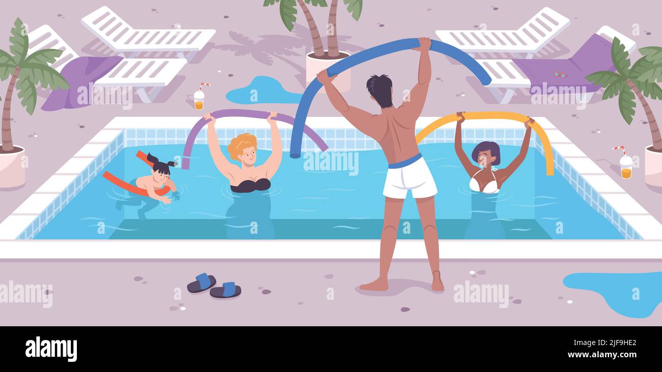 Hotel activities background with swimming pool animation symbols flat