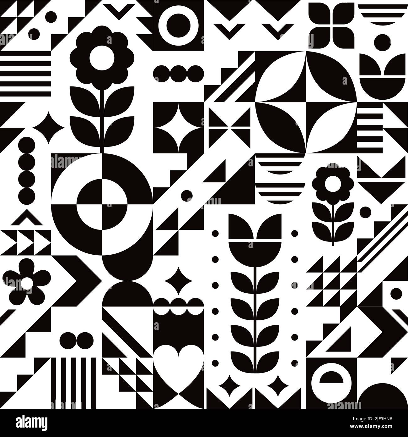 Bauhaus style cool geometric vector seamless pattern in black and white with flowers, abstract modern design perfect for wallpaper or textile, fabric Stock Vector