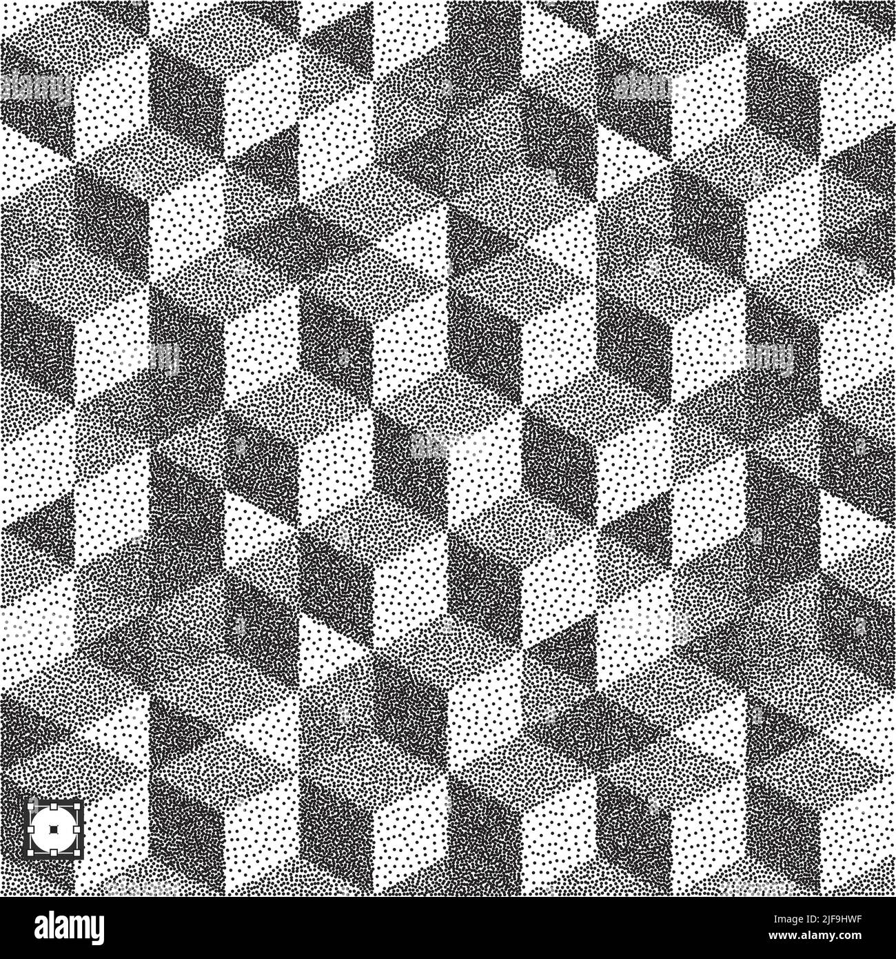 3d blocks structure background. Black and white grainy dotwork design. Pointillism pattern. Stippled vector illustration. Stock Vector