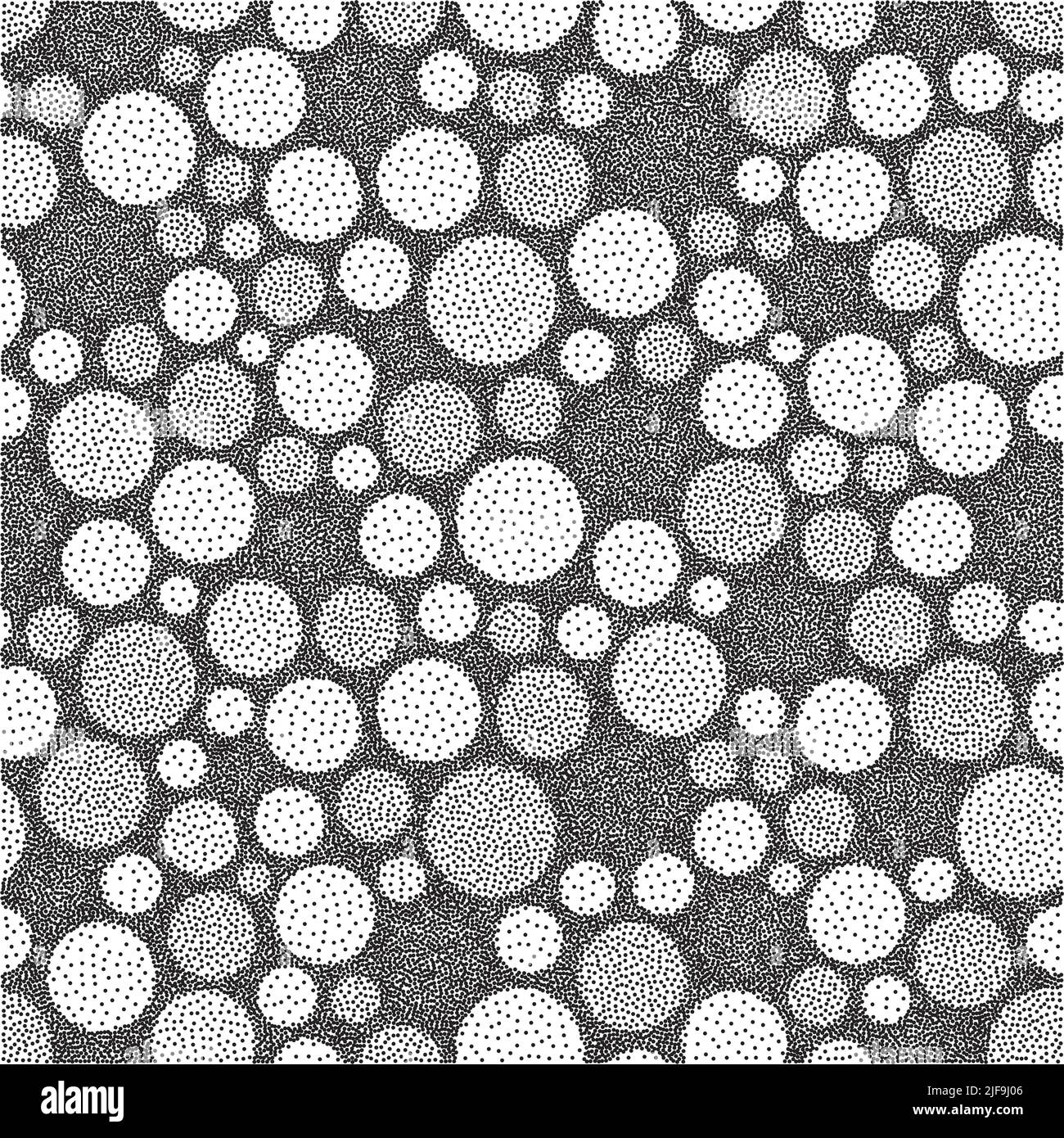 Abstract background with circles. Black and white grainy dotwork design. Pointillism pattern. Stippled vector illustration. Stock Vector