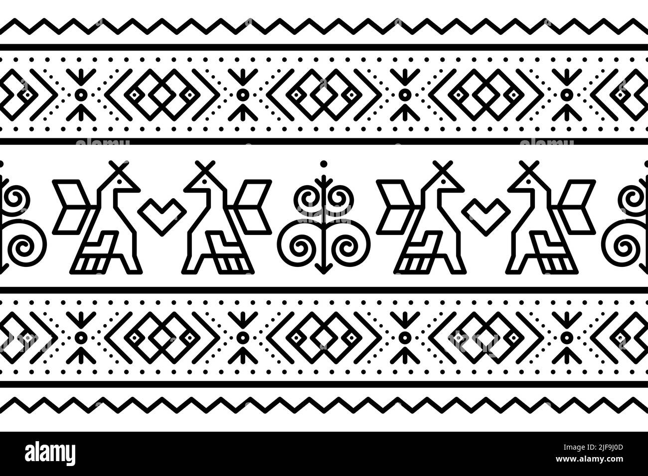 Slovak tribal folk art vector seamless geometric pattern with brids and swirls - long horizontal deisgn inspired by traditional painted art from villa Stock Vector