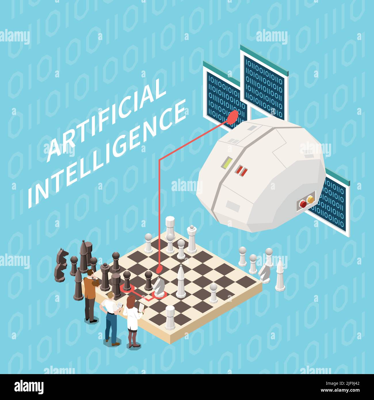 Artificial intelligence isometric composition with tech brain image playing chess with group of scientists with text vector illustration Stock Vector