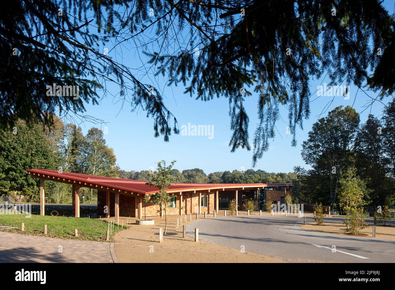 Exterior facade in sunshine. Sherwood Forest Visitor Centre, Edwinstowe
