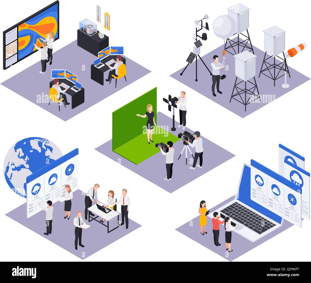 Meteorology weather forecast isometric set of compositions with ...